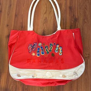 Bahamas vintage red embroidered with real seashells tote bag beach bag large fli